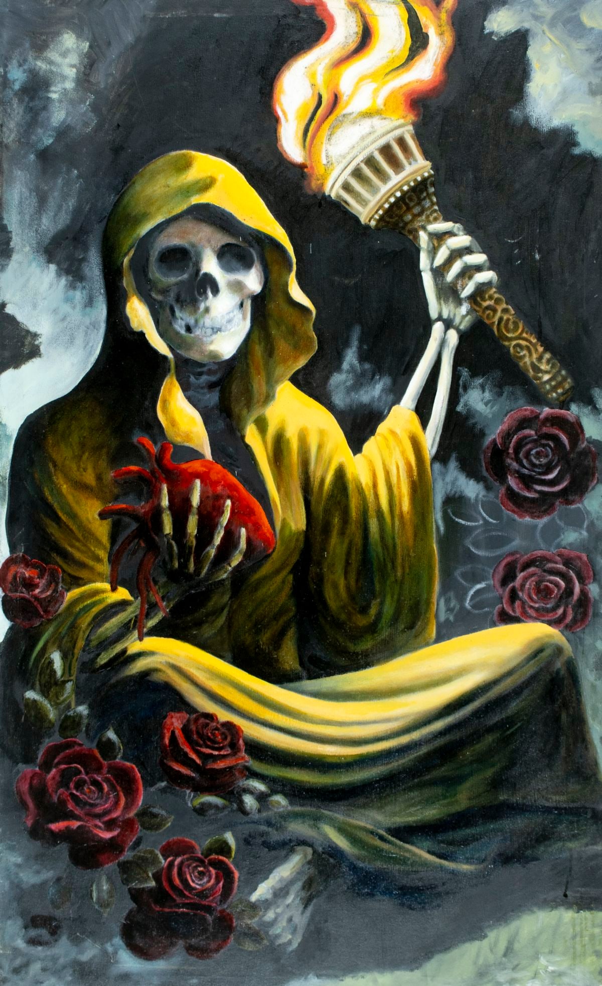 Vintage 20C oil painting: ARTIST: - (20 century) TITLE: Grim Reaper MEDIUM: oil on canvas CONDITION: Some scratches. No visible inpaint under UV light. Normal wear to edges. ART SIZE: 43 x 27 inches / 109 x 68 cm FRAME
