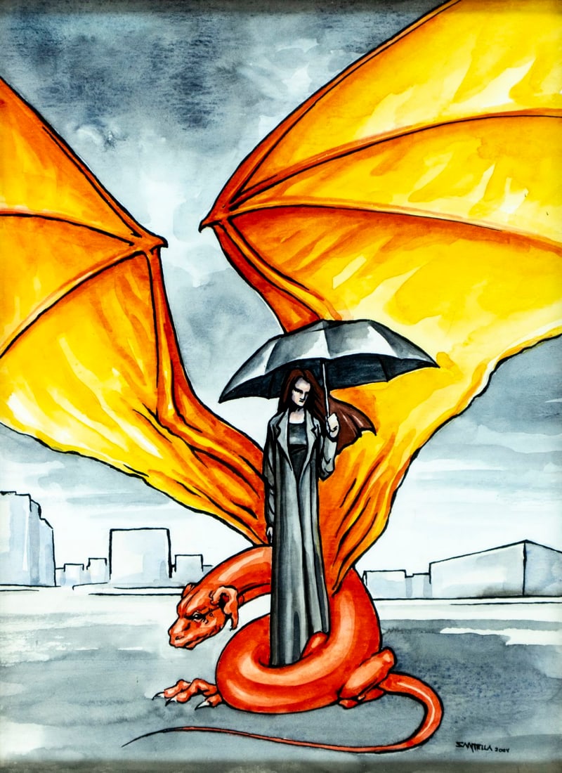 A Santella (US,20/21C) watercolor painting: ARTIST: A Santella (American, 20/21 centuries) TITLE: Woman and Dragon YEAR: 2004 MEDIUM: watercolor on paper CONDITION: Overall good. Framed under glass. Wear to frame. ART SIZE: 15 x 11 inches / 38