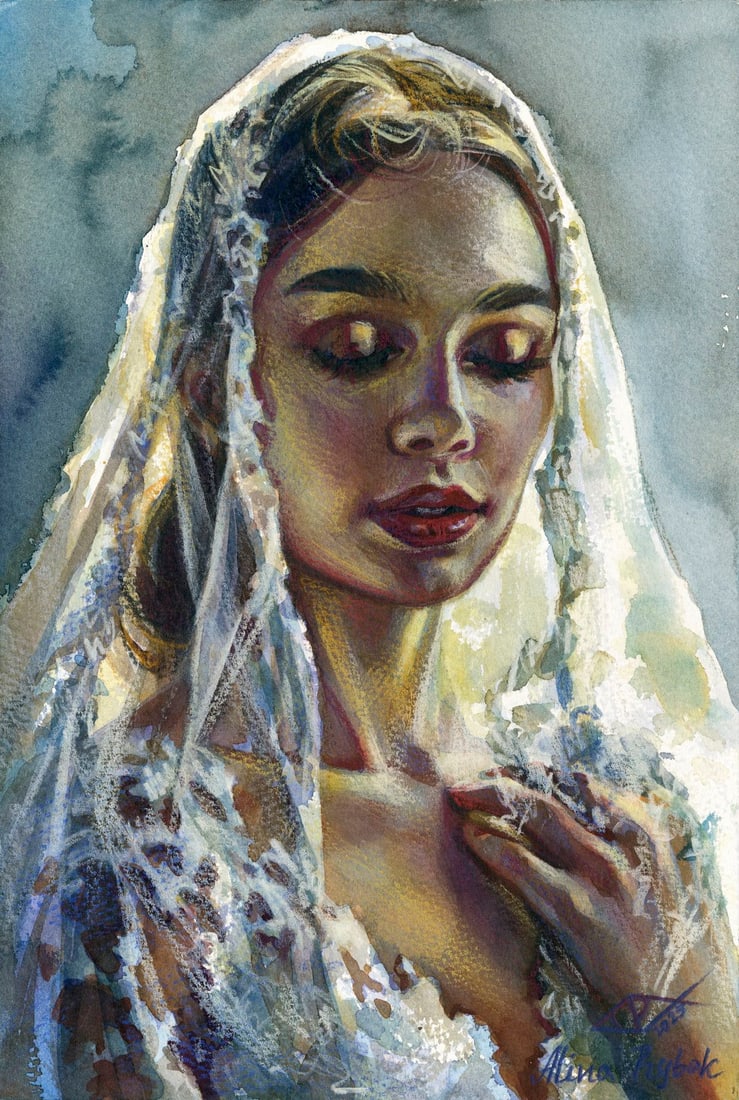 Alina Rybak (Ukraine,b 1996) watercolor painting: ARTIST: Alina Rybak (Ukrainian, born 1996) TITLE: Portrait of Woman MEDIUM: watercolor on heavy paper CONDITION: Very good. ART SIZE: 12 x 8 inches / 30 x 20 cm FRAME SIZE: unframed (In-House framing