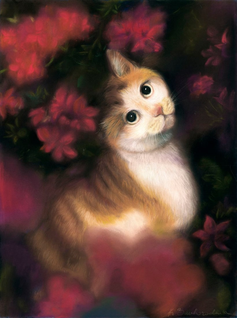 Katerina Zavgorodnya (Ukraine,20/21C) pastel painting: ARTIST: Katerina Zavgorodnya (Ukrainian, 20/21 centuries) TITLE: Cat MEDIUM: pastel on heavy paper CONDITION: Very good. ART SIZE: 16 x 12 inches / 40 x