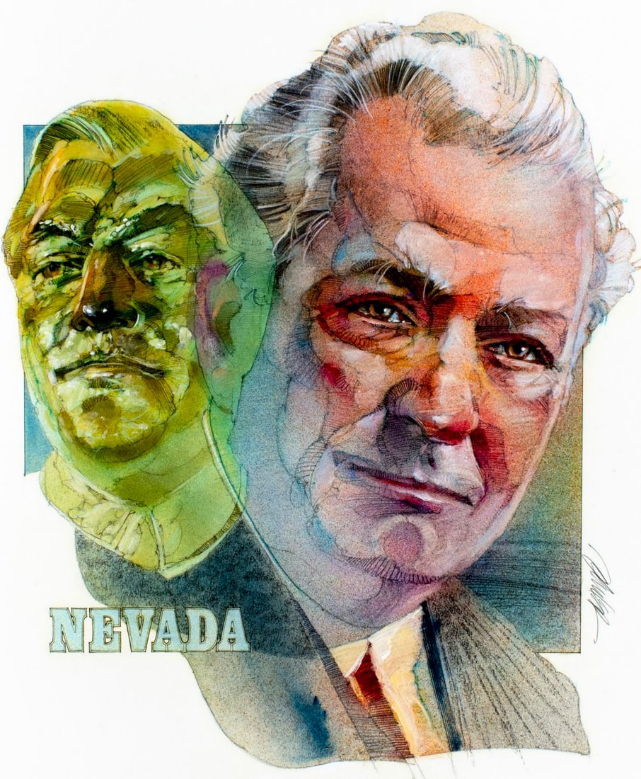 Mark Schuler (KS,1951-2015) mixed media painting: ARTIST: Mark Schuler (Kansas, 1951 - 2015) TITLE: Portrait of Patrick McCarran (titled on verso) YEAR: 1982 MEDIUM: mixed media on board CONDITION: Some small damages to corners. ART SIZE: 15 x 13