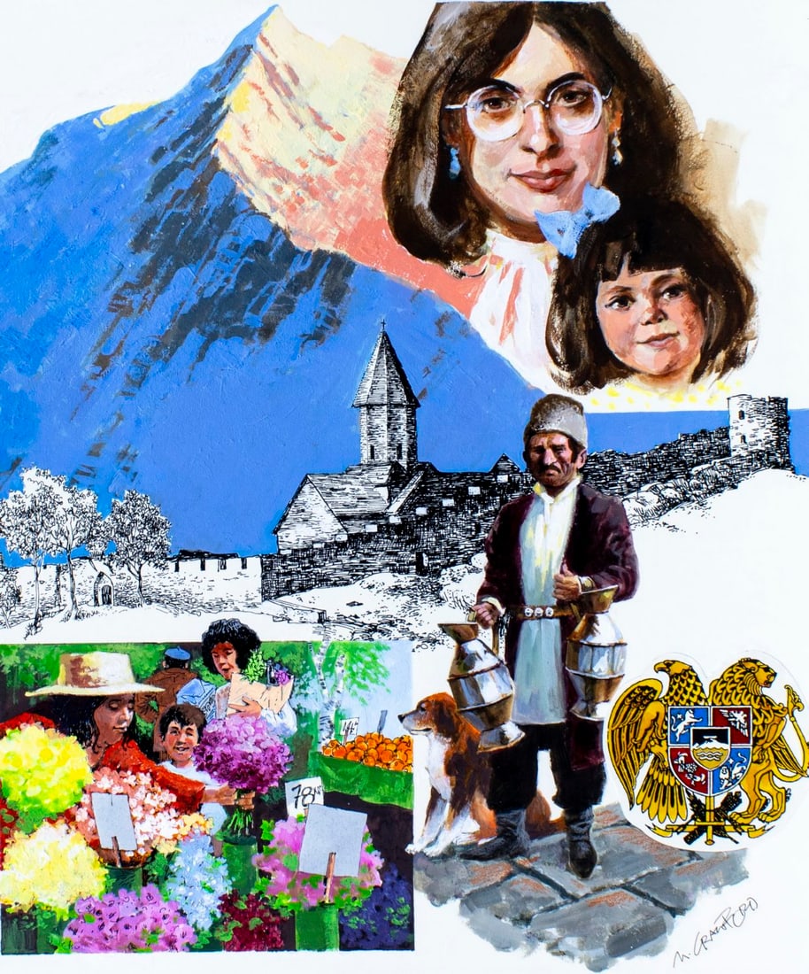 Mel Crawford (CT,Canada,1925-2015) oil painting: ARTIST: Mel Crawford (Canadian, Connecticut, 1925 - 2015) TITLE: UN Flags, Armenia (titled on verso) YEAR: 1997 MEDIUM: oil on heavy paper CONDITION: Very good. No visible inpaint under UV light.