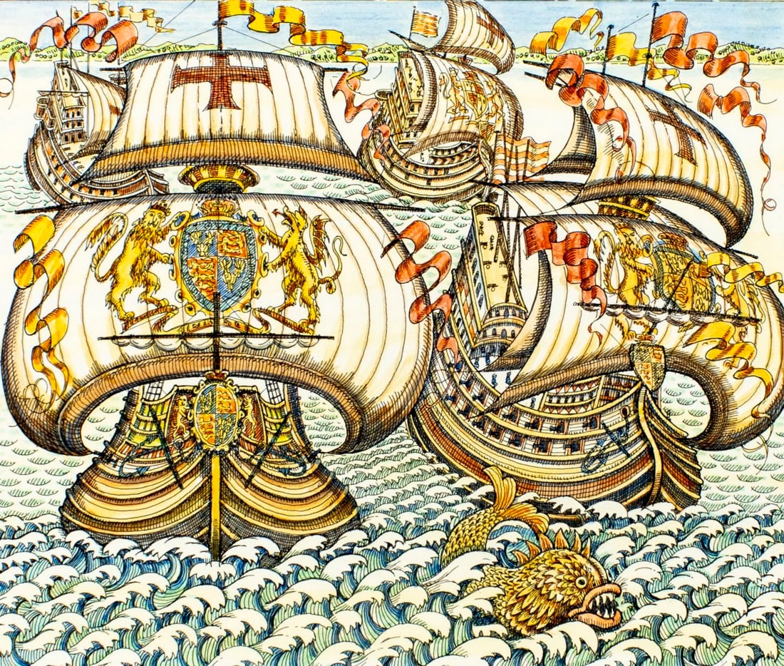 Graham Evernden (UK,b 1947) watercolor painting: ARTIST: Graham Evernden (United Kingdom, born 1947) TITLE: Spanish Armada (titled on verso) YEAR: 1988 MEDIUM: watercolor on board CONDITION: Minor foxing. ART SIZE: 8 x 9 inches / 20 x 22 cm MAT
