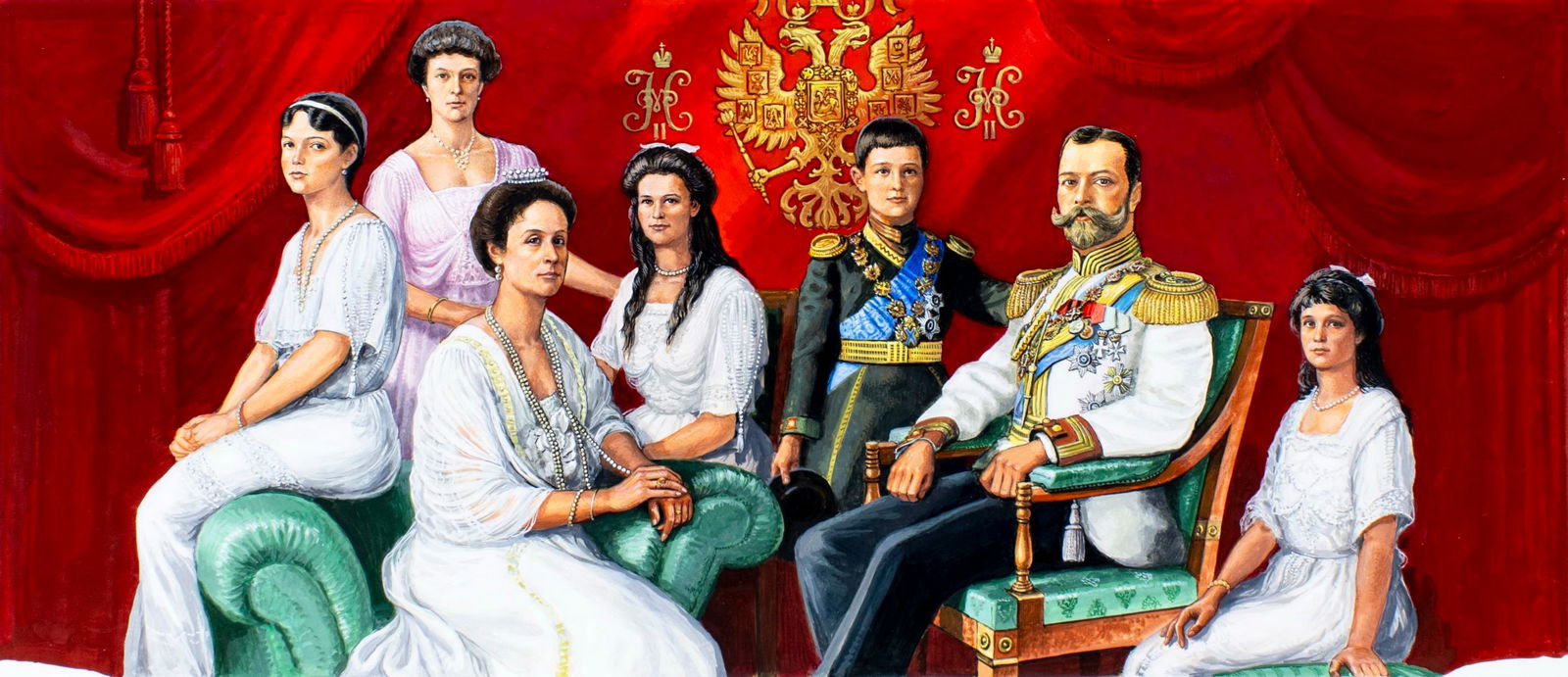 Gherman Komlev (Russia,1933-2000) gouache painting: ARTIST: Gherman Komlev (Russian, 1933 - 2000) TITLE: Family Portrait of Tsar Nicholas II and His Family (titled on verso) YEAR: 1998 MEDIUM: gouache on board CONDITION: Very good. ART SIZE: 9 x 21