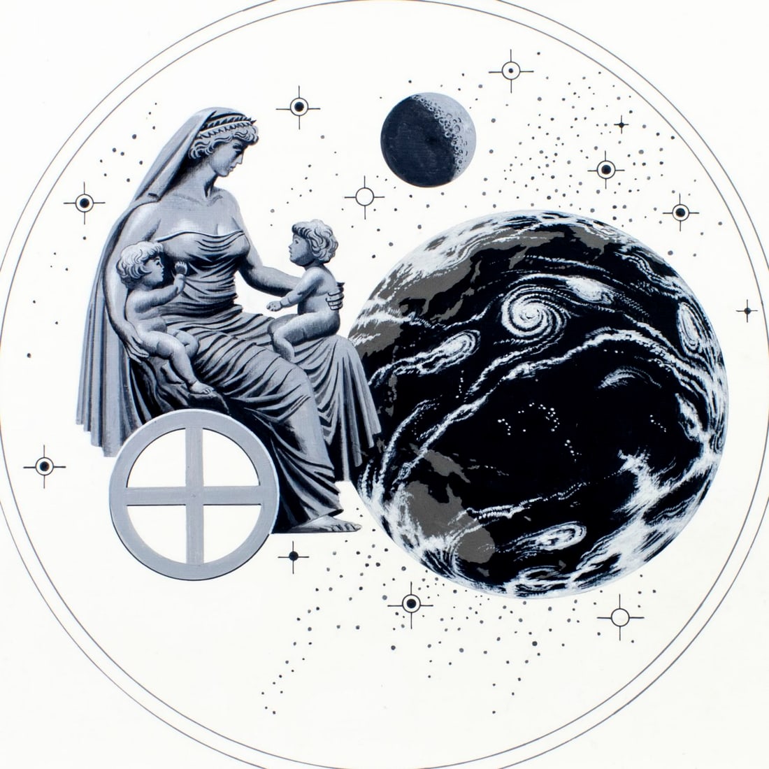 Dean Ellis (NY,1920-2009) oil painting: ARTIST: Dean Ellis (New York, 1920 - 2009) TITLE: Earth (titled on verso) YEAR: 1993 MEDIUM: oil on board CONDITION: Some small damage to the right edge. ART SIZE: 14 x 14 inches / 35 x 35 cm BOARD