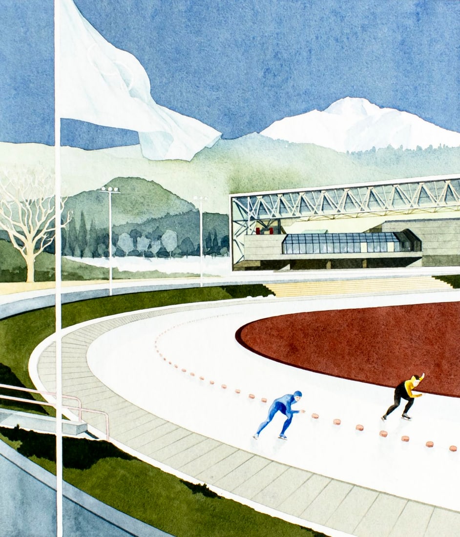 Andreja M Milenkovic (Serbia,1923-2005) watercolor painting: ARTIST: Andreja M Milenkovic (Serbian, 1923 - 2005) TITLE: Speed Skating (titled on verso) YEAR: 1983 MEDIUM: watercolor on board CONDITION: Minor age toning. ART SIZE: 14 x 12 inches / 35 x 30 cm