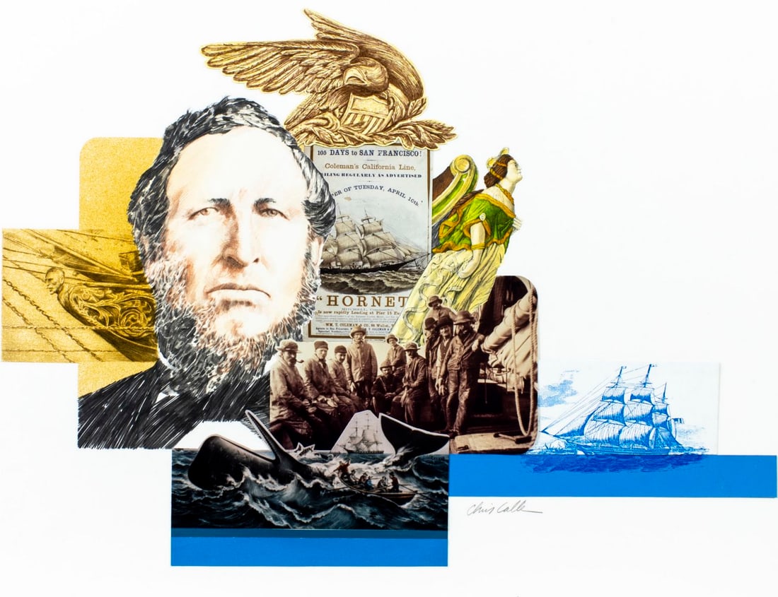 Chris Calle (US,b 1961) colored pencil painting: ARTIST: Chris Calle (American, born 1961) TITLE: Ships Figurehead (titled on verso) YEAR: 1985 MEDIUM: colored pencil and collage on board CONDITION: Overall good. ART SIZE: 13 x 17 inches / 33 x 43