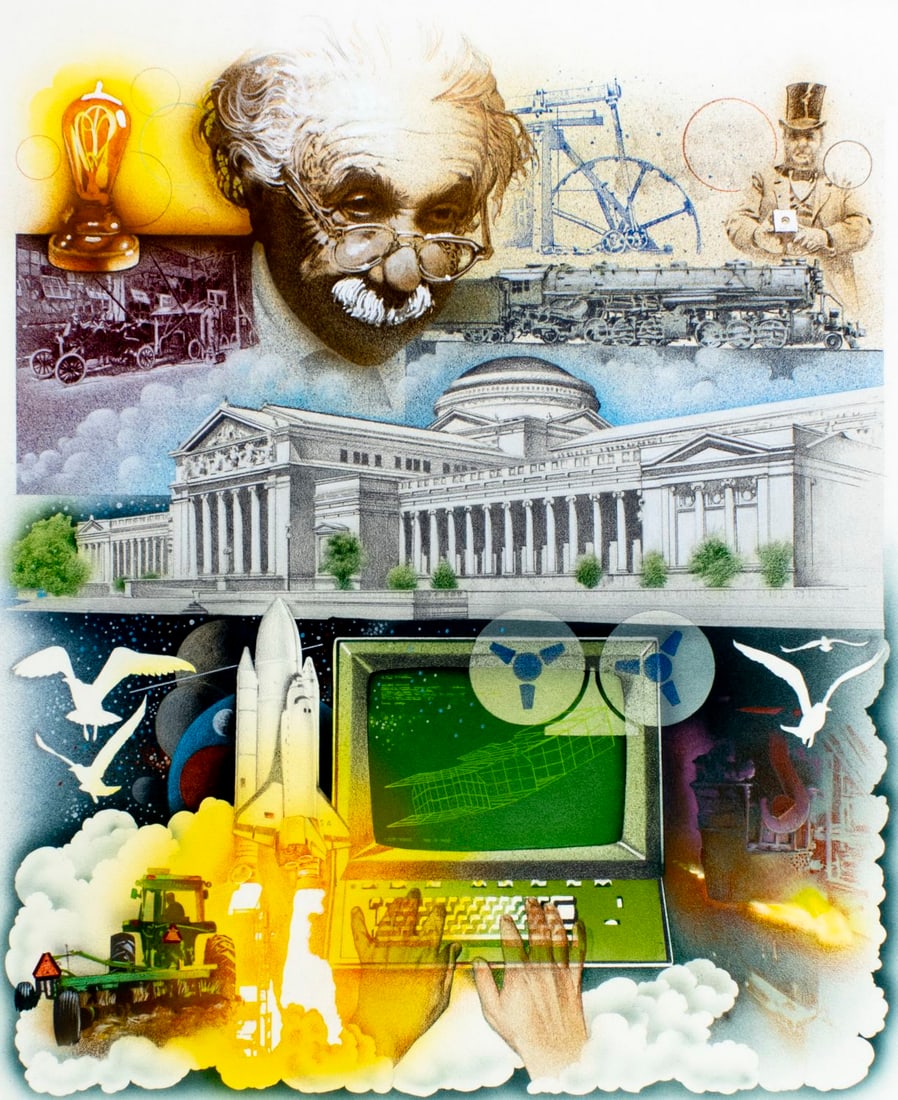 Jim Butcher (MD,1944-?) pastel painting: ARTIST: Jim Butcher (Maryland, 1944 - ???) TITLE: Science and Industry (titled on verso) YEAR: 1982 MEDIUM: pastel on board CONDITION: Minor damages to lower corners. ART SIZE: 18 x 15 inches / 45