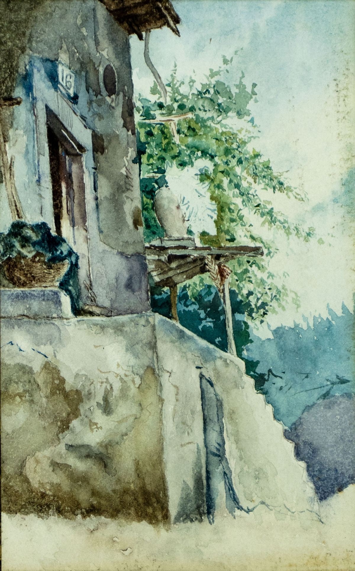 Antique 19C European watercolor painting: ARTIST: - (Europe, 19 century) TITLE: Landscape with House Porch MEDIUM: watercolor on paper CONDITION: Some age toning. Framed under glass. Wear to frame. ART SIZE: 9 x 6 inches / 22 x 15 cm FRAME