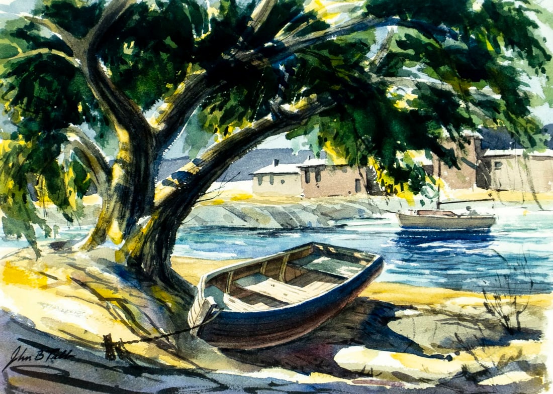 John Tabb (US,1923-2001) watercolor painting: ARTIST: John B Tabb (American, 1923 - 2001) TITLE: Coastal Town Scene with Boats MEDIUM: watercolor on paper CONDITION: Overall good. Framed under glass. Wear to frame. ART SIZE: 10 x 14 inches /