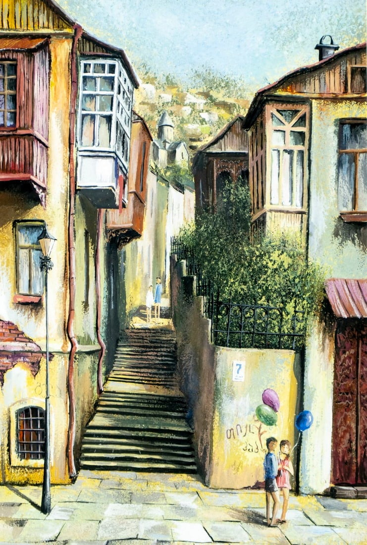 Vintage 20C Georgian Tbilisi gouache painting: ARTIST: - (Tbilisi, Georgia, 20 century) TITLE: Cityscape MEDIUM: gouache on paper CONDITION: Overall good. Framed under glass. Wear to frame. ART SIZE: 15 x 10 inches / 38 x 25 cm FRAME SIZE: 20 x