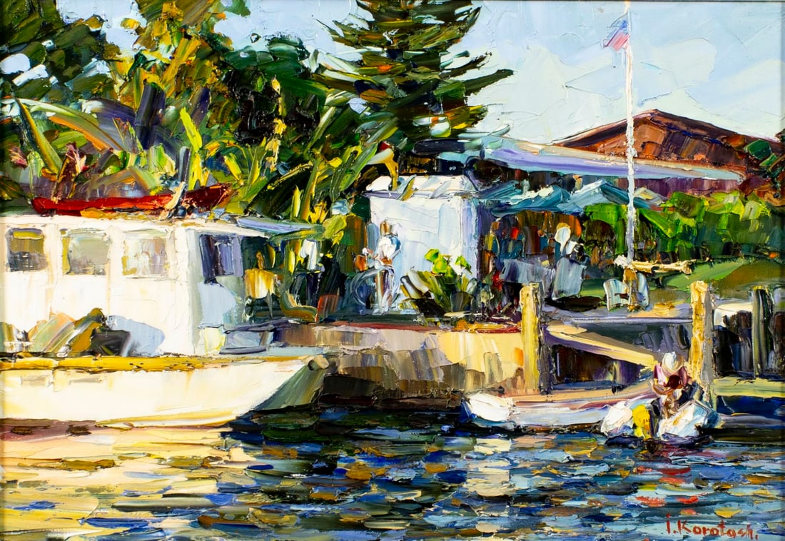 Ihor Korotash (NY,Ukraine,b 1957) acrylic painting: ARTIST: Ihor Korotash (New York, Ukrainian, born 1957) TITLE: Harbor Scene MEDIUM: acrylic on canvas CONDITION: Very good. No visible inpaint under UV light. ART SIZE: 14 x 20 inches / 35 x 50 cm