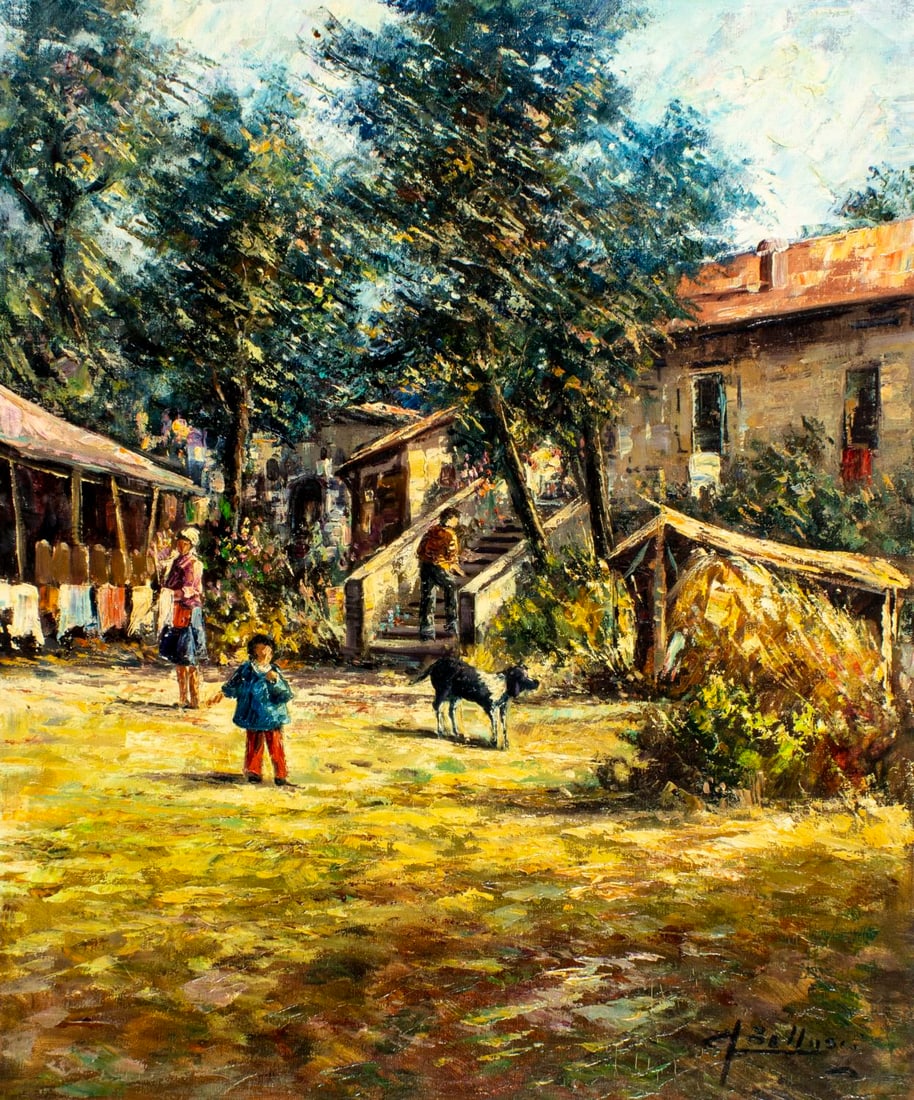 Gustavo Bellusci (Italy,1945-?) oil painting: ARTIST: Gustavo Bellusci (Italian, 1945 - ???) TITLE: Village Scene MEDIUM: oil on canvas CONDITION: Unstretched (In-House stretching available). Missing a few flakes of paint. Some craquelure. No