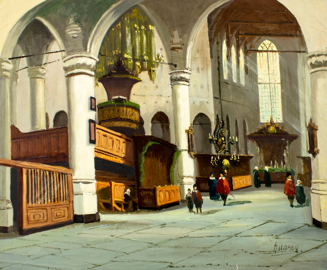 H Veldman (Europe,20C) oil painting: ARTIST: H Veldman (European, 20 century) TITLE: Cathedral Scene MEDIUM: oil on canvas CONDITION: Unstretched (In-House stretching available). Few small paint losses mostly by the lower edge. Some