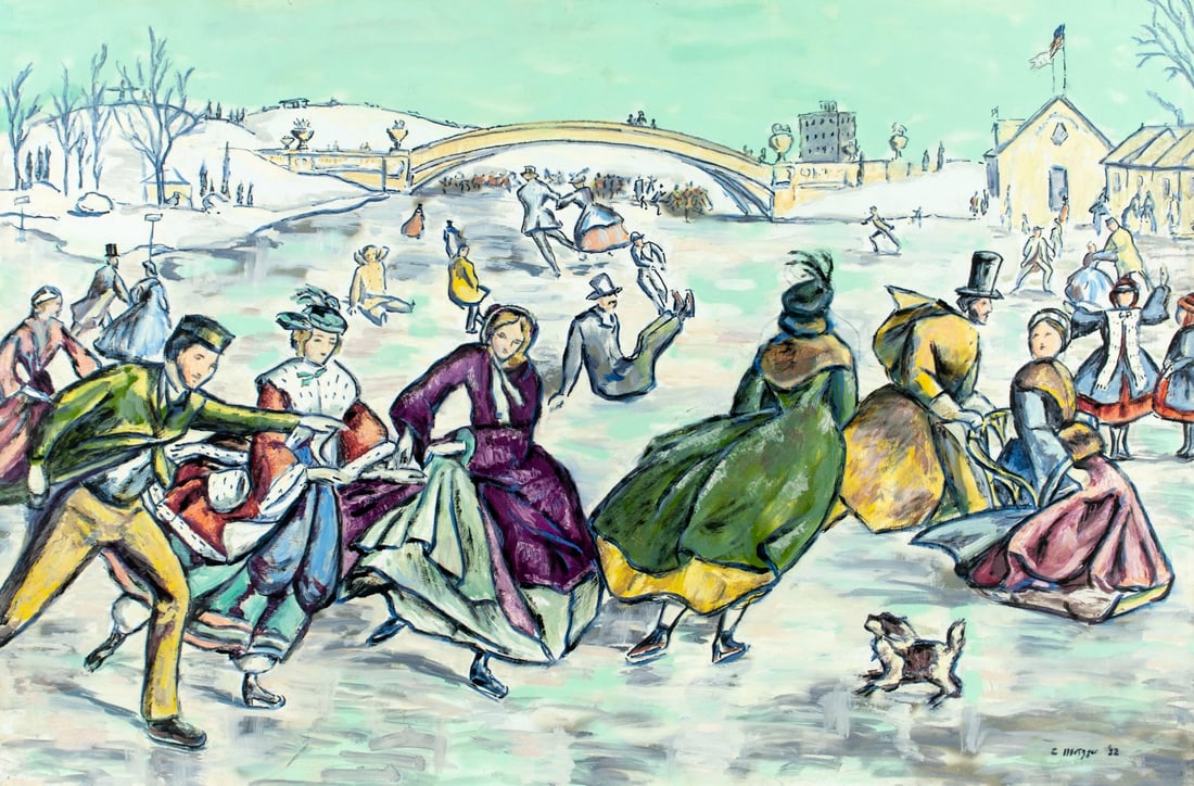 Evelyn Metzger (NY,Brazil,1911-2007) oil painting: ARTIST: Evelyn Borchard Metzger (New York, Brazilian, 1911 - 2007) TITLE: Winter Scene with Ice Skaters YEAR: 1982 MEDIUM: oil on board CONDITION: Some