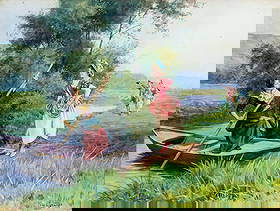 Leon Girardet (French,Swiss,1857-1895) watercolor painting antique: ARTIST: Leon Girardet (France, Switzerland, 1857 - 1895) NAME: The Ferry MEDIUM: watercolor on paper CONDITION: Minor age toning. Framed under glass. Some damages to frame. SIGHT SIZE: 13