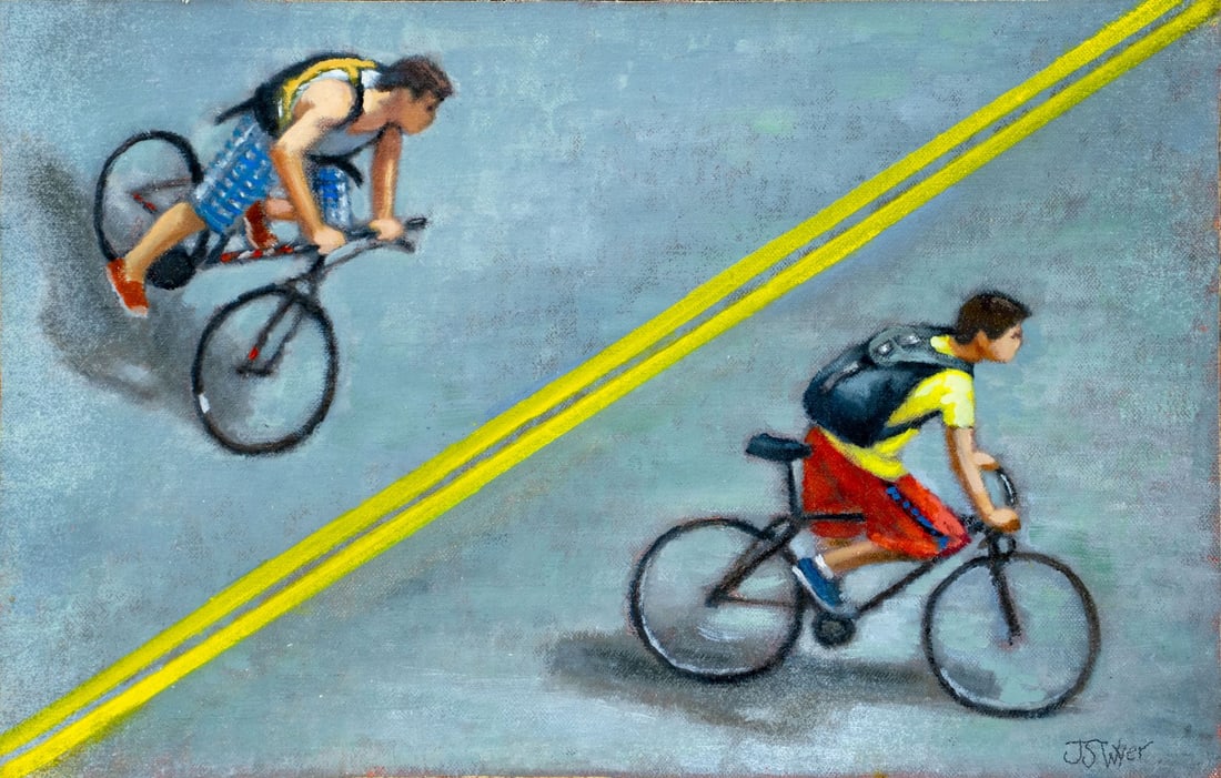 Judith S Wyer (CT,20/21C) oil painting: ARTIST: Judith S Wyer (Connecticut, 20/21 centuries) TITLE: The Double Line (titled on verso) YEAR: 2012 MEDIUM: oil on canvas. Canvas applied to board. CONDITION: Very good. No visible inpaint under