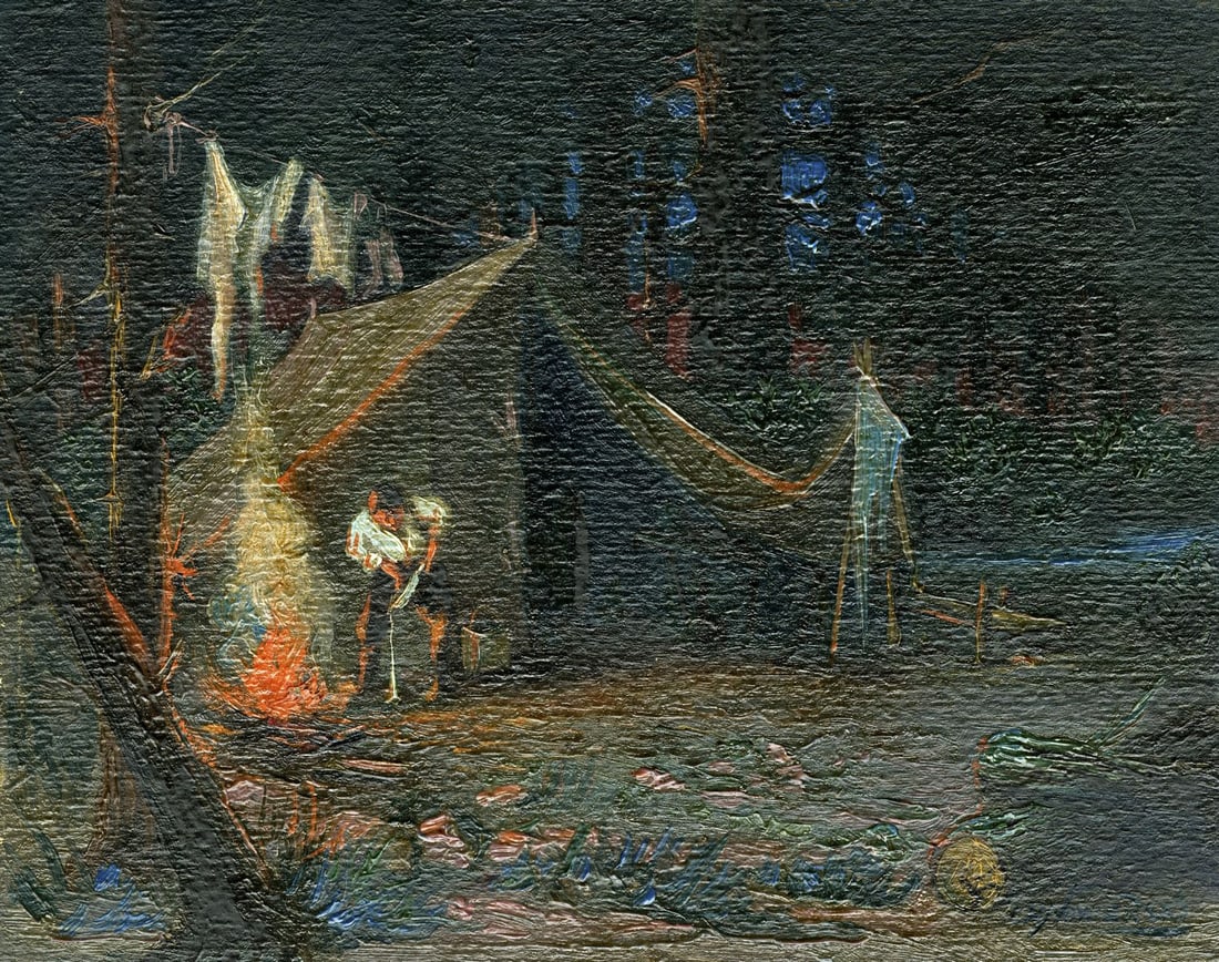 L B Nowierski (US,early 20C) oil painting antique: ARTIST: L B Nowierski (American, early 20 century) TITLE: Campfire Scene MEDIUM: oil on board CONDITION: Minor damages to corners and edges. Some scattered small inpaintings. ART SIZE: 8 x 10 inches
