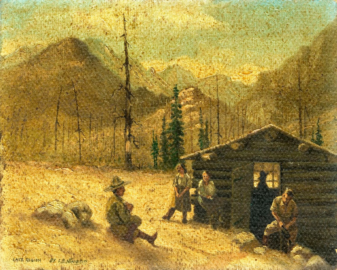 L B Nowierski (US,early 20C) oil painting antique: ARTIST: L B Nowierski (American, early 20 century) TITLE: Lake Region (titled lower left) MEDIUM: oil on board CONDITION: Minor damages to corners. Few minor paint losses. No visible inpaint under UV