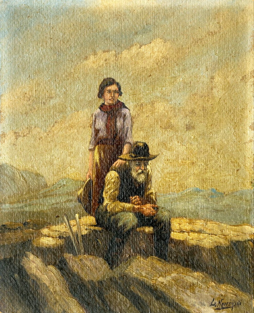 L B Nowierski (US,early 20C) oil painting antique: ARTIST: L B Nowierski (American, early 20 century) TITLE: Old Man and Woman MEDIUM: oil on board CONDITION: Minor damages to corners and edges. Few minor paint losses. No visible inpaint under UV