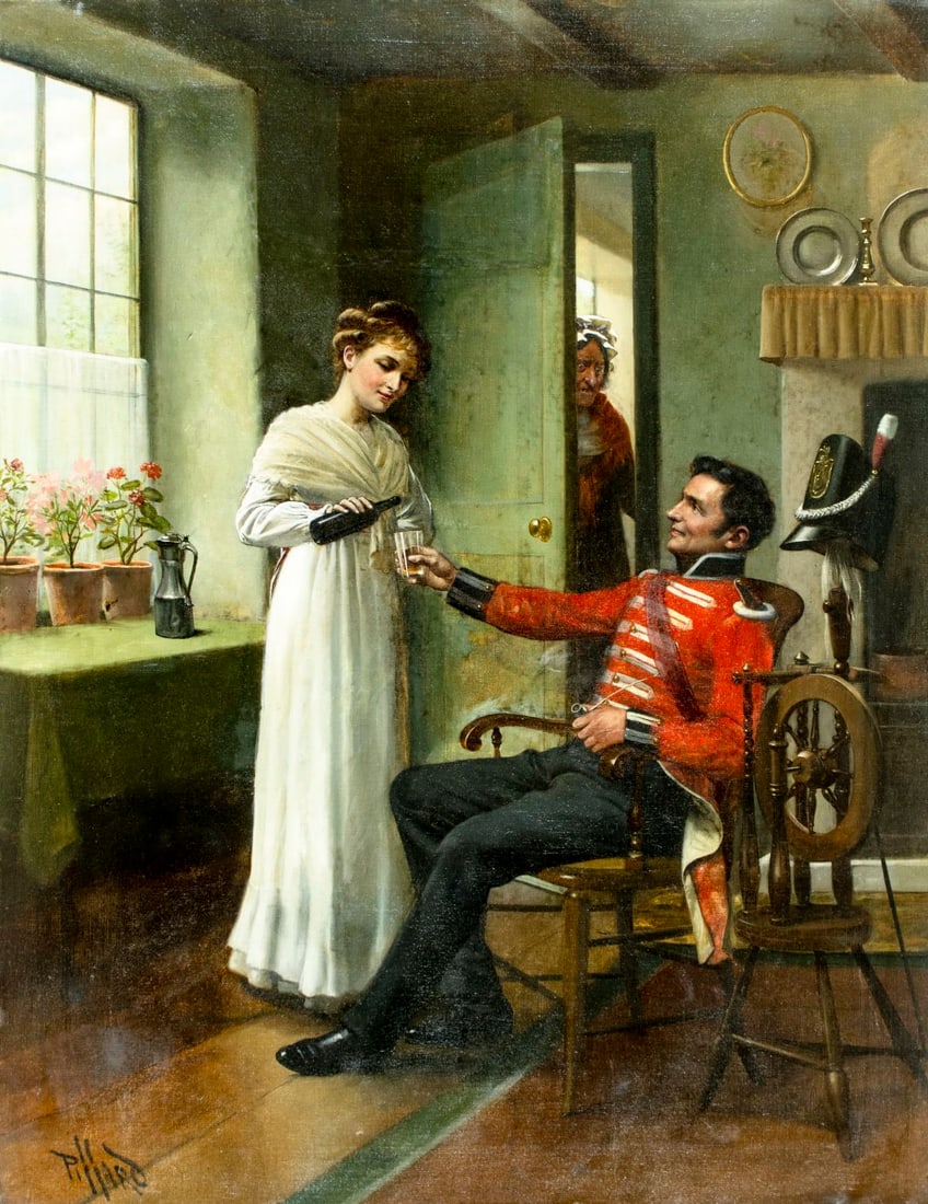 Pillard (Europe,19C) oil painting antique: ARTIST: Pillard (European, 19 century) TITLE: English Soldier Taking a Drink MEDIUM: oil on canvas CONDITION: Some patches. Few minor paint losses. Some scattered inpaintings. Normal wear to edges. 