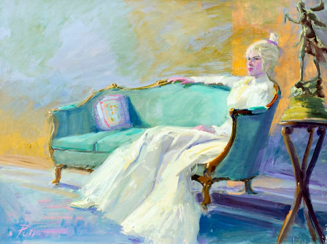 Donald Putt Putman (CA,1926-2007) oil painting: ARTIST: Donald Putt Putman (California, 1926 - 2007) TITLE: Lady in White MEDIUM: oil on canvas board CONDITION: Minor damages to corners. Some paint losses mostly by the lower right corner. No