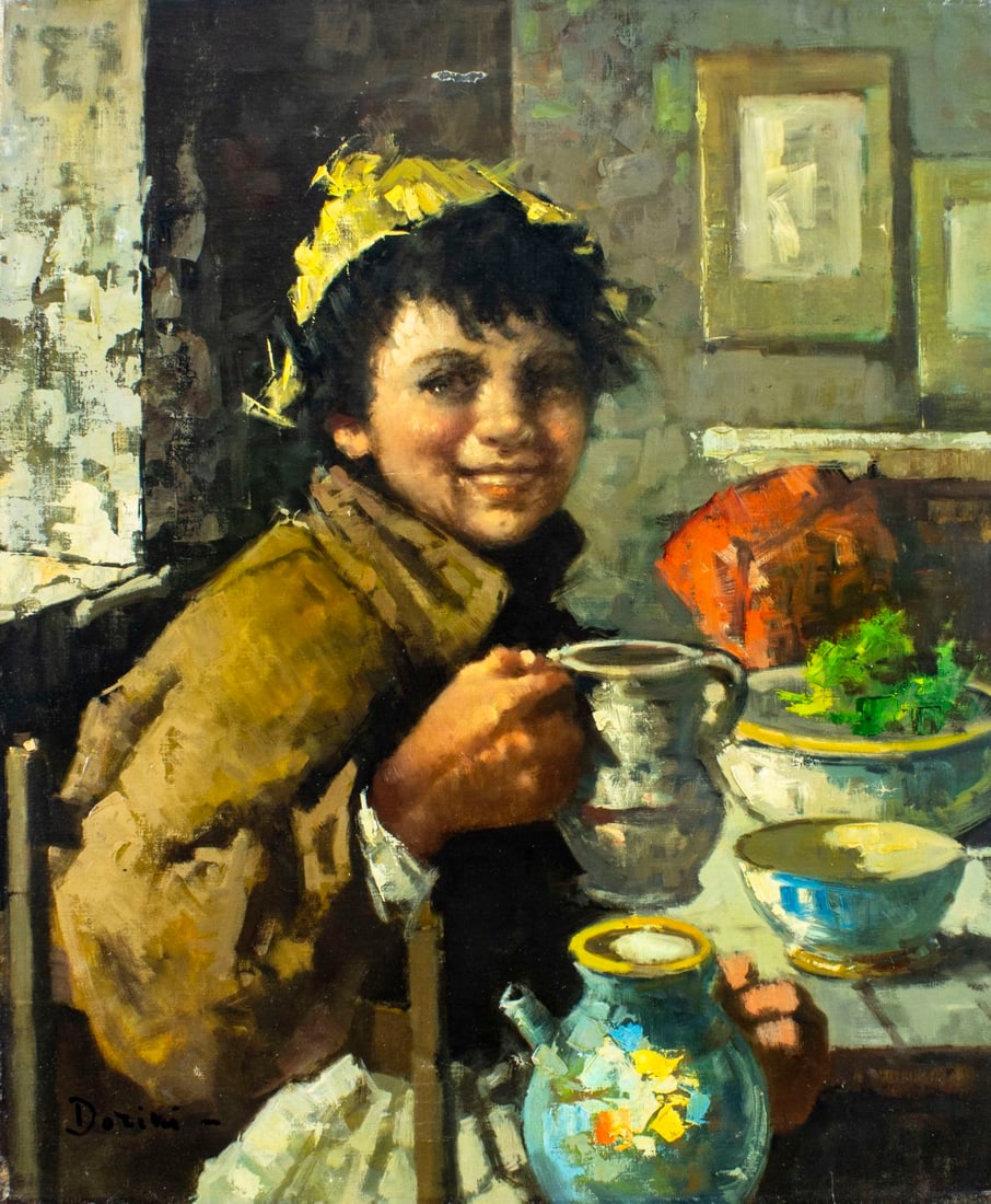 Augustus Dorini (Italy,20C) oil painting: ARTIST: Augustus Dorini (Italian, 20 century) TITLE: A Yong Italian Boy (titled on label) MEDIUM: oil on canvas CONDITION: Relined. Minor craquelure. Some scattered inpaint