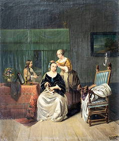 Cauteur (Belgian,mid 19C) oil painting antique: ARTIST: Cauteur (Belgium, mid 19 century) TITLE: Interior Scene YEAR: 1846 MEDIUM: oil on canvas CONDITION: Few patches. Some paint losses (see pictures