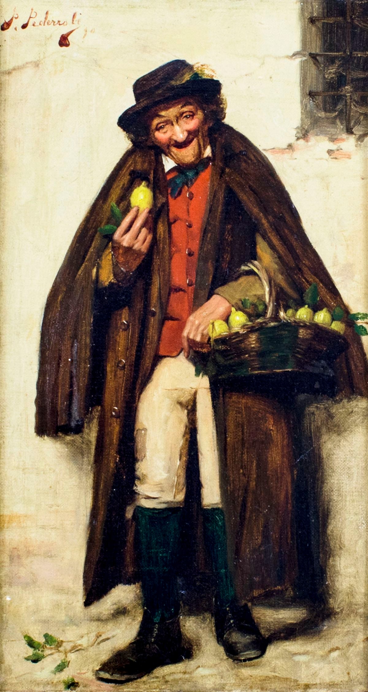 Pietro Pederzoli (Italy,1889-1975) oil painting: ARTIST: Pietro Pederzoli (Italian, 1889 - 1975) NAME: Lemon Seller MEDIUM: oil on canvas CONDITION: Missing one few flake of paint in lower left corner. No visible inpainting under UV light.