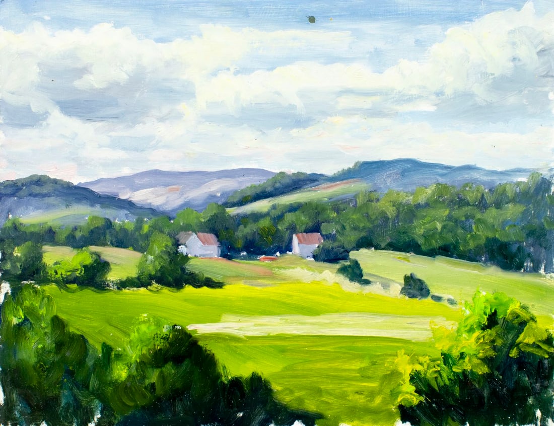 George Holloway (NJ,20C) oil painting: ARTIST: George Holloway (New Jersey, 20 century) TITLE: Country Landscape MEDIUM: oil on board CONDITION: Minor damages to the left corners. Missing few flakes of paint. Dar