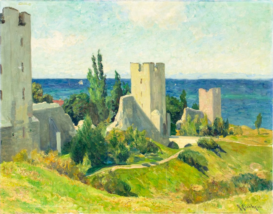 Richard Hermann Eschke (German,1859-1944) oil painting antique: ARTIST: Richard Hermann Eschke (Germany, 1859 - 1944) NAME: Coastal Landscape with Buildings YEAR: 1906 MEDIUM: oil on canvas CONDITION: Few minor paint losses. No visible inpaint under UV light.