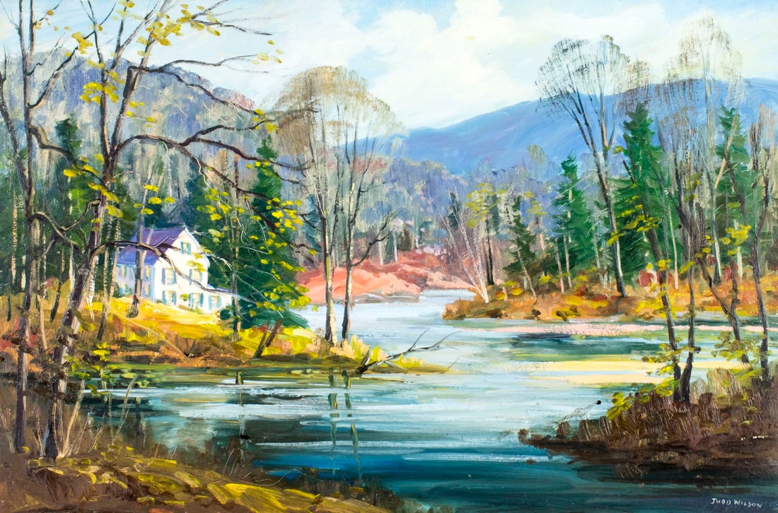 Judd Wilson (NJ,20C) oil painting: ARTIST: Judd Wilson (New Jersey, 20 century) TITLE: Autumn River Landscape MEDIUM: oil on board CONDITION: Few minor paint losses. No visible inpaint under UV light. ART SIZE: 24 x 36 inches / 60 x