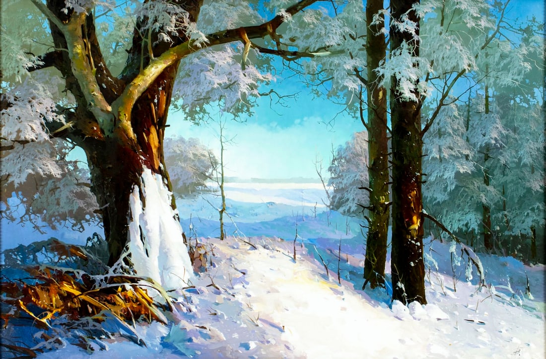 Victor Bessarab (Russia,20/21C) oil painting: ARTIST: Victor Bessarab (Russian, 20/21 centuries) TITLE: Winter Field Landscape (titled on verso) YEAR: 2008 MEDIUM: oil on canvas CONDITION: Very good. No visible inpaint under UV light. Wear to