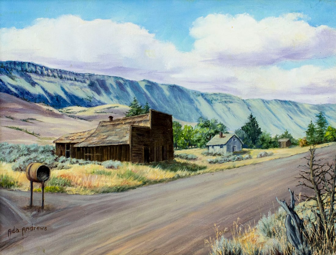 Ada Andrews (CA,20C) oil painting: ARTIST: Ada Andrews (California, 20 century) NAME: Landscape MEDIUM: oil on canvas CONDITION: Very good. No visible inpaint under UV light. SIGHT SIZE: 12 x 16 inches / 30 x 40 cm FRAME SIZE: 14 x 18