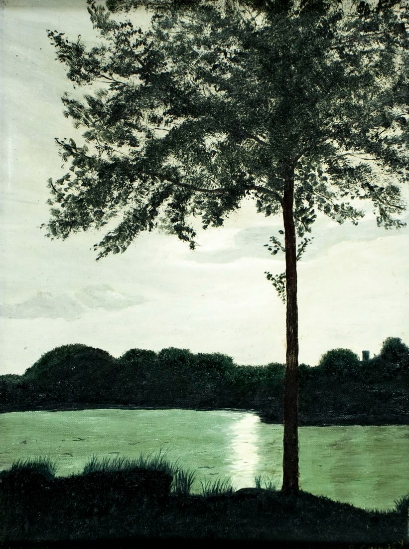 Elsie Chidgey (US,mid 20C) oil painting: ARTIST: Elsie Chidgey (American, mid 20 century) TITLE: River Landscape YEAR: 1961 MEDIUM: oil on canvas board CONDITION: Few minor scratches/paint losses mostly along edges. No visible inpaint under