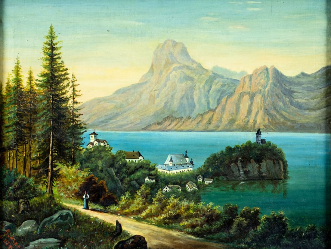 M Ridler (Europe,early 20C) oil painting antique: ARTIST: M Ridler (Europe, early 20 century) TITLE: Mountain Lake Landscape MEDIUM: oil on canvas CONDITION: Some scratches/paint losses mostly along edges. Some craquelure. No visible inpaint under