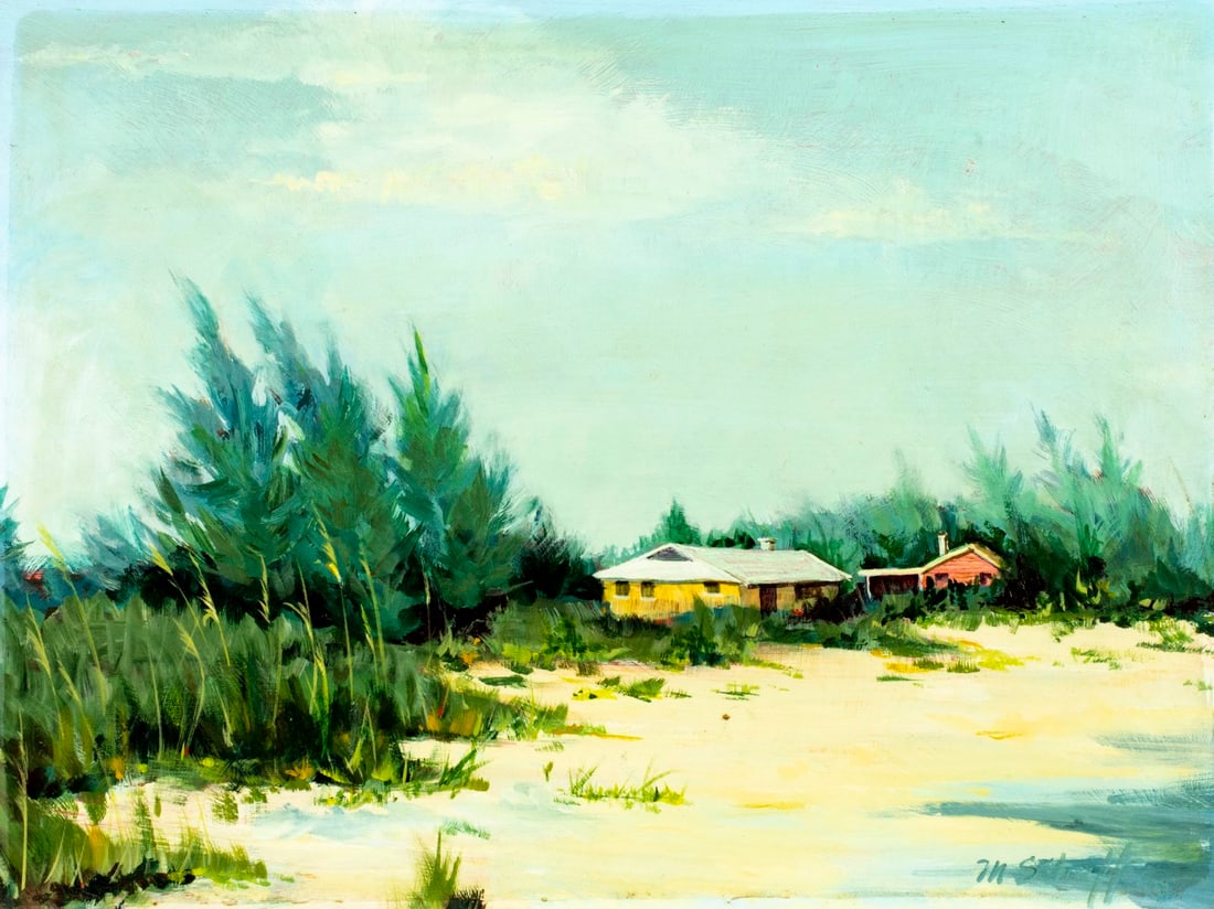 Marie Schaeffer (FL,20C) acrylic painting: ARTIST: Marie Schaeffer (Florida, 20 century) TITLE: Coastal Landscape with Houses MEDIUM: acrylic on board CONDITION: Minor damages to corners. No visible inpaint under UV light. Normal wear along