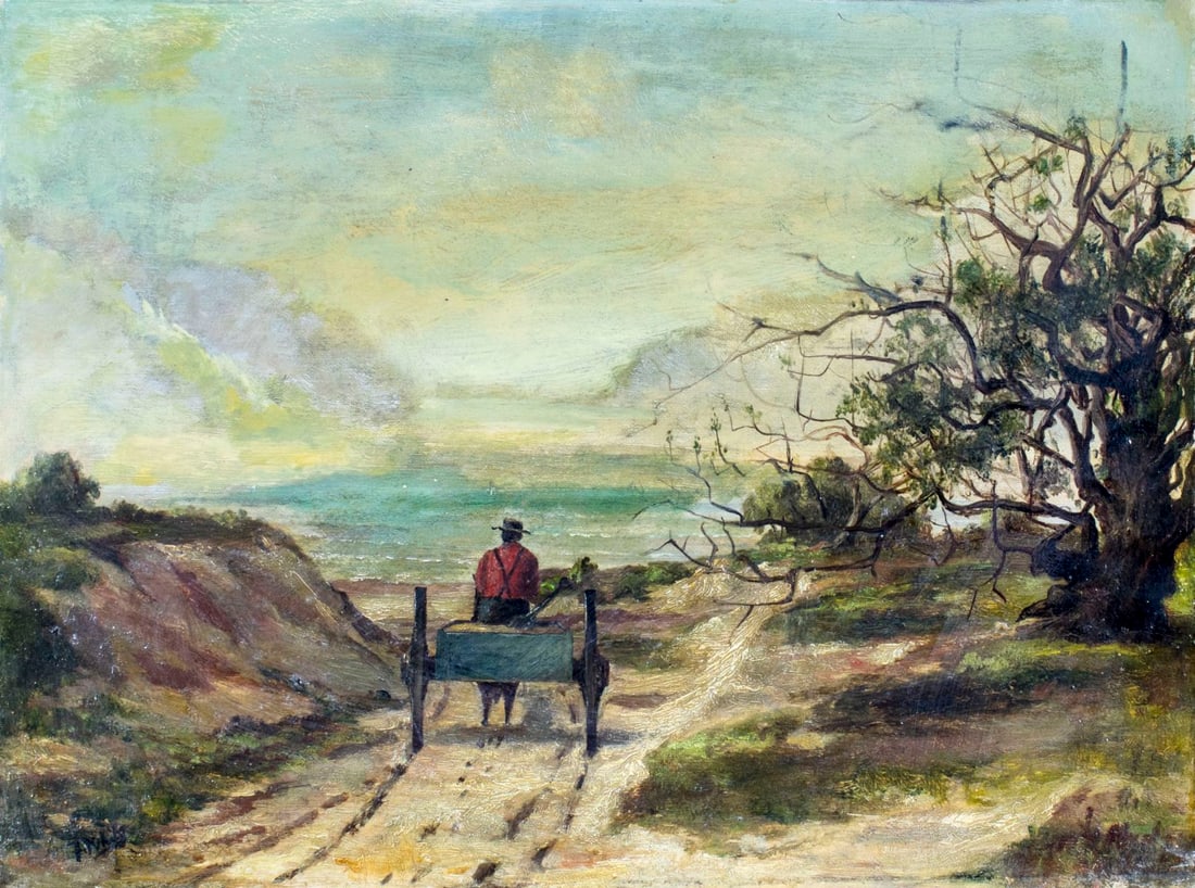 White (US,early 20C) oil painting antique: ARTIST: White (American, early 20 century) TITLE: Landscape with Man on Wagon MEDIUM: oil on canvas CONDITION: Minor craquelure. No visible inpaint under UV light. ART SIZE: 12 x 16 inches / 30 x 40