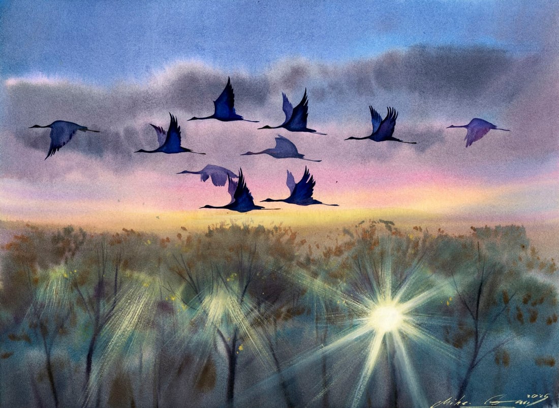 Mikhaylo Dmytriv (Ukraine,b 1997) watercolor painting: ARTIST: Mikhaylo Dmytriv (Ukrainian, born 1997) TITLE: Sunset Landscape with Flying Birds MEDIUM: watercolor on heavy paper CONDITION: Very good. ART SIZE: 12 x 16 inches / 30 x 40 cm FRAME SIZE: