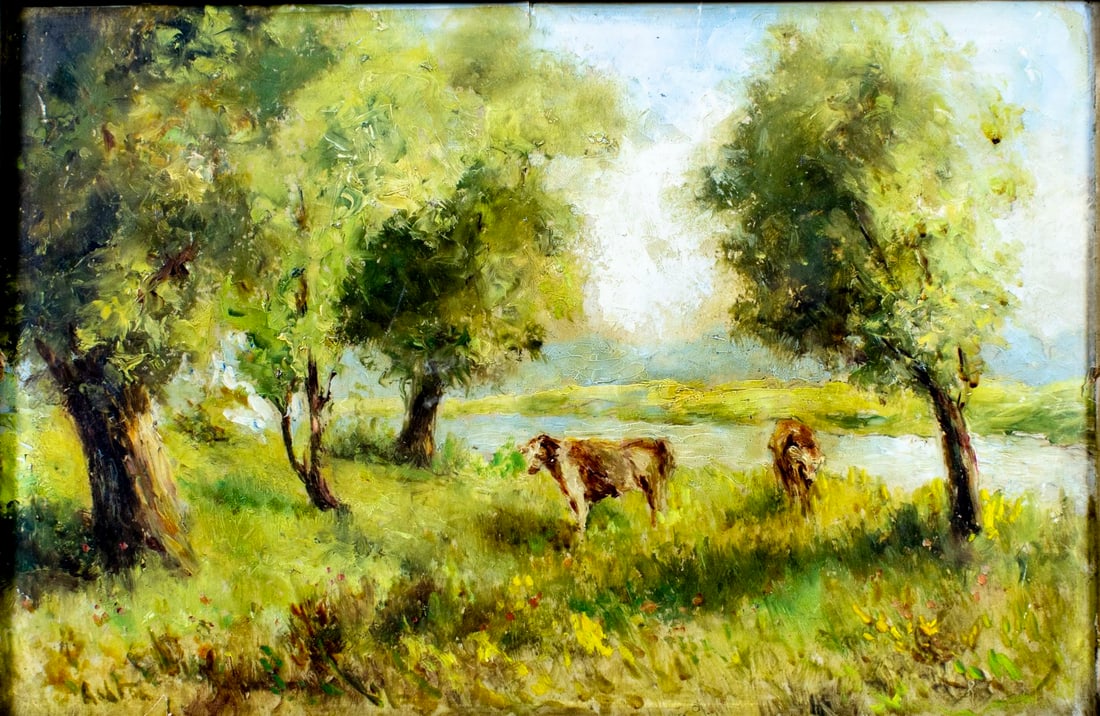 Antique early 20C American oil painting signed (1 of 12)