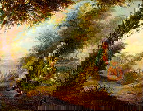 Antique 19C American oil painting signed: ARTIST: - (American, 19 century) TITLE: River Landscape with Two Boys MEDIUM: oil on canvas. Canvas applied to board. CONDITION: Some craquelure. Some scattered inpainting