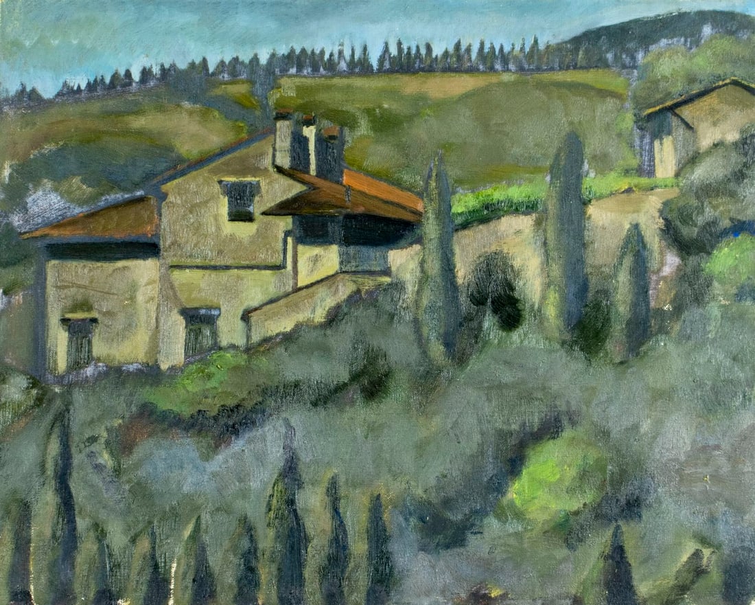 Victoria Donohoe (PA,1929-2018) oil painting: ARTIST: Victoria Donohoe (Pennsylvania, 1929 - 2018) TITLE: Village Landscape MEDIUM: oil on canvas CONDITION: Few minor paint losses mostly along edges. No visible inpaint under UV light. Normal