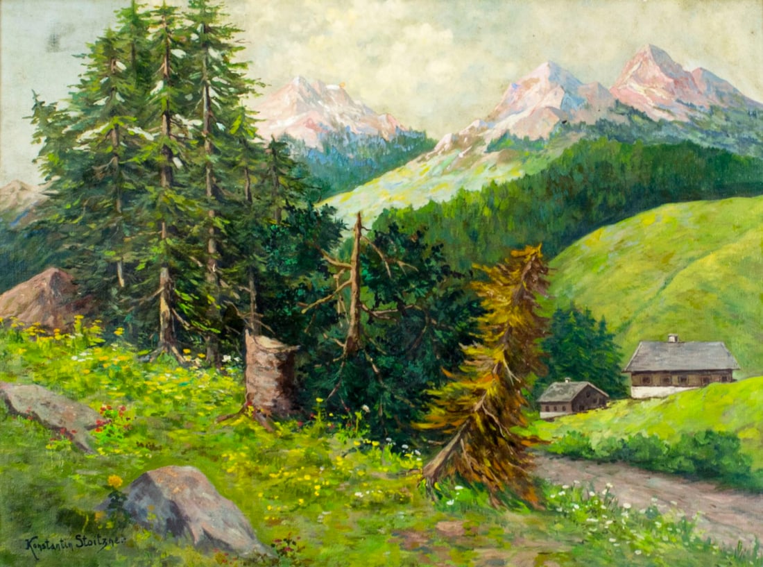 Konstantin Stoitzner (Austria,Germany,1863-1934) oil painting antique: ARTIST: Constantin Stoitzner (Czech, Austrian, German, 1863 - 1934) NAME: Alpine Landscape MEDIUM: oil on canvas CONDITION: Very good. No visible inpaint under UV light. SIGHT SIZE: 23 x 31 inches /
