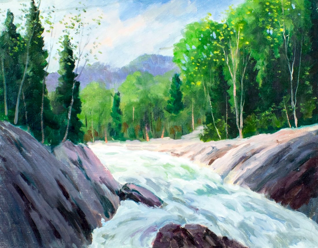 George Holloway (NJ,20C) oil painting: ARTIST: George Holloway (New Jersey, 20 century) TITLE: River Landscape MEDIUM: oil on canvas board CONDITION: Very good. No visible inpaint under UV light. ART SIZE: 14 x 18 inches / 35 x 45 cm