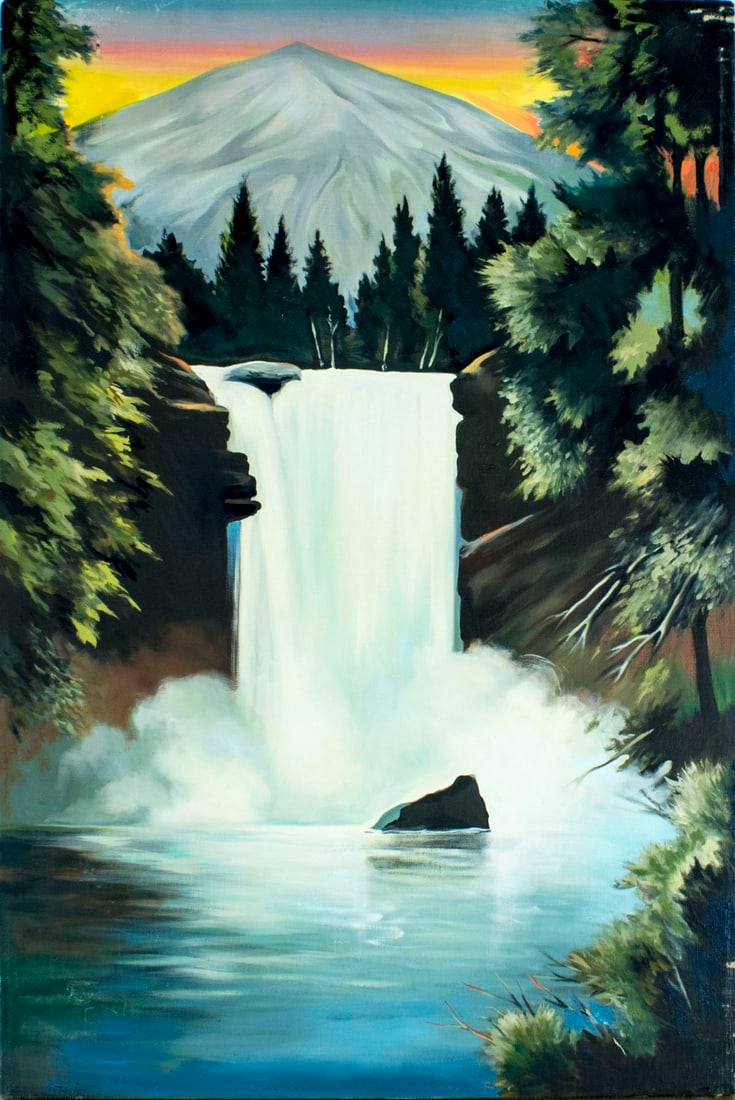 Lowell Nesbitt (NY,MD,1933-1993) oil painting: ARTIST: Lowell Blair Nesbitt (New York, Maryland, 1933 - 1993) NAME: Waterfall IV (titled on verso) YEAR: 1972 MEDIUM: oil on canvas CONDITION: Some paint losses along upper right and lower right