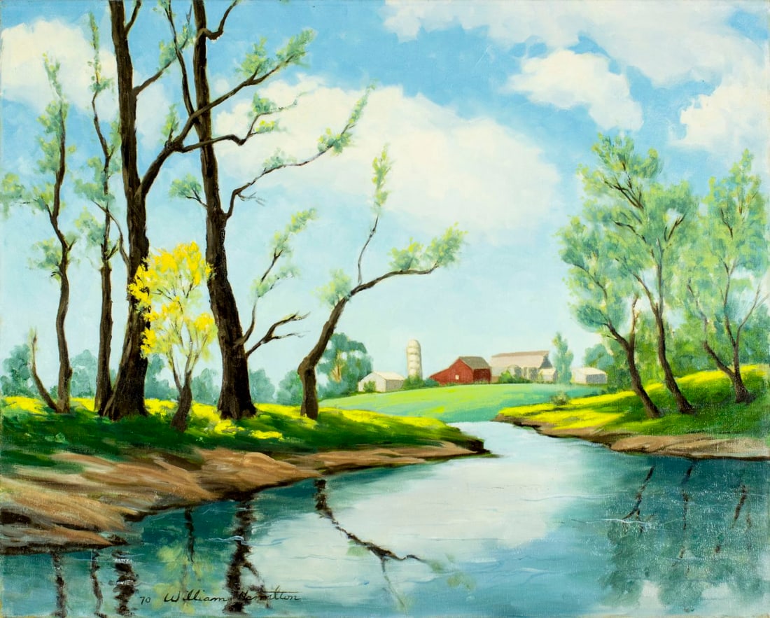 William Hamilton Jr (CA,IN,1901-1984) oil painting: ARTIST: William Albert Hamilton Jr (California, Indiana, 1901 - 1984) NAME: River Landscape YEAR: 1970 MEDIUM: oil on canvas CONDITION: Missing one flake of paint. No visible inpaint under UV light.