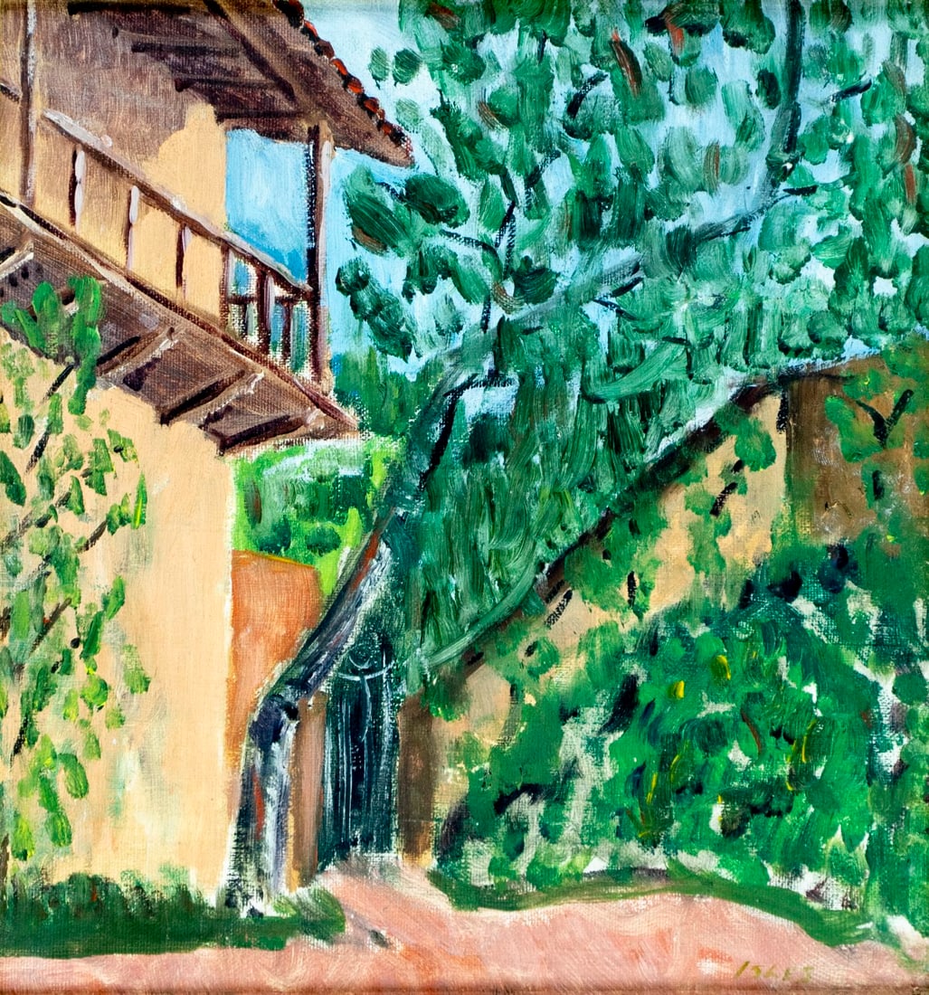 Isles (US,20C) oil painting: ARTIST: Isles (American, 20 century) TITLE: Cityscape MEDIUM: oil on canvas. Canvas applied to board. CONDITION: Few small paint losses mostly in the upper right quadrant. No visible inpaint under UV