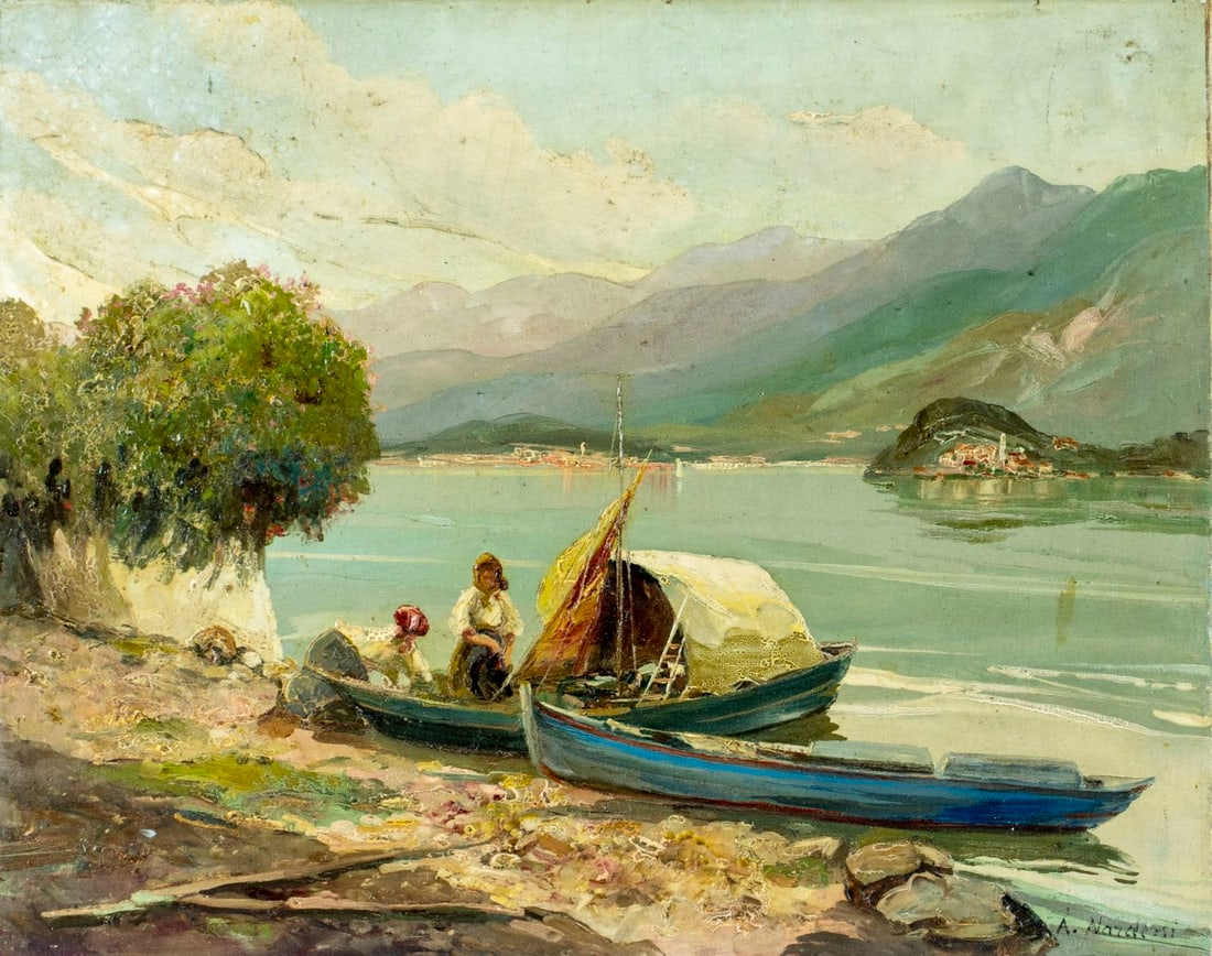 A Nardeni (Italy,mid 20C) oil painting: ARTIST: A Nardeni (Italian, mid 20 century) TITLE: River Landscape with Boats MEDIUM: oil on canvas. Canvas applied to board. CONDITION: Minor damage to the lower left corner. Minor paint losses
