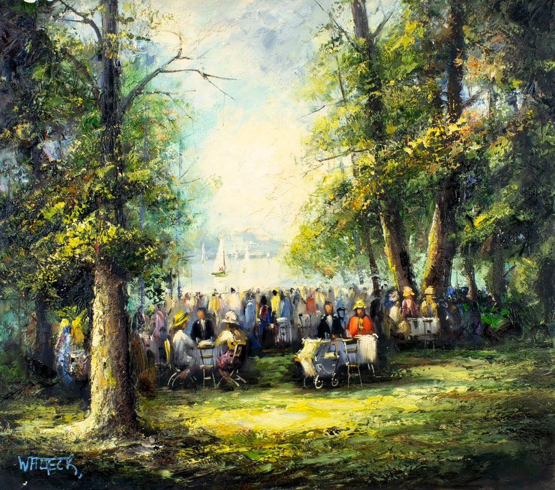 J Waldeck (German,20C) oil painting: ARTIST: J Waldeck (Germany, 20 century) TITLE: Park Scene MEDIUM: oil on canvas CONDITION: Unstretched (In-House stretching available). Some paint losses mostly along edges (see pictures carefully).