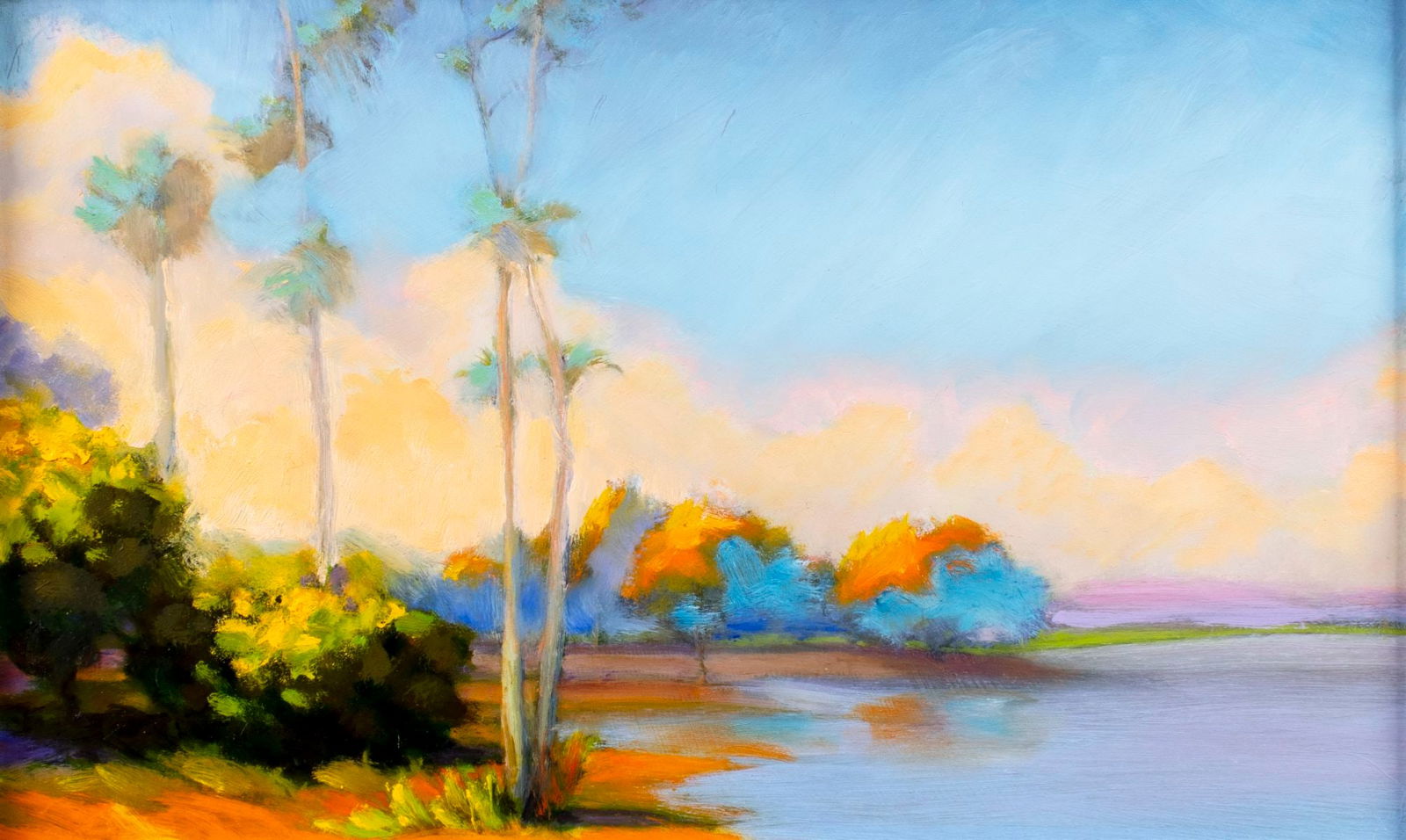 Vintage 20C Florida oil painting signed: ARTIST: - (Florida, 20 century) TITLE: Coastal Florida Landscape MEDIUM: oil on board CONDITION: Few very minor scratches/paint losses. No visible inpaint under UV light. ART SIZE: 10 x 16 inches /